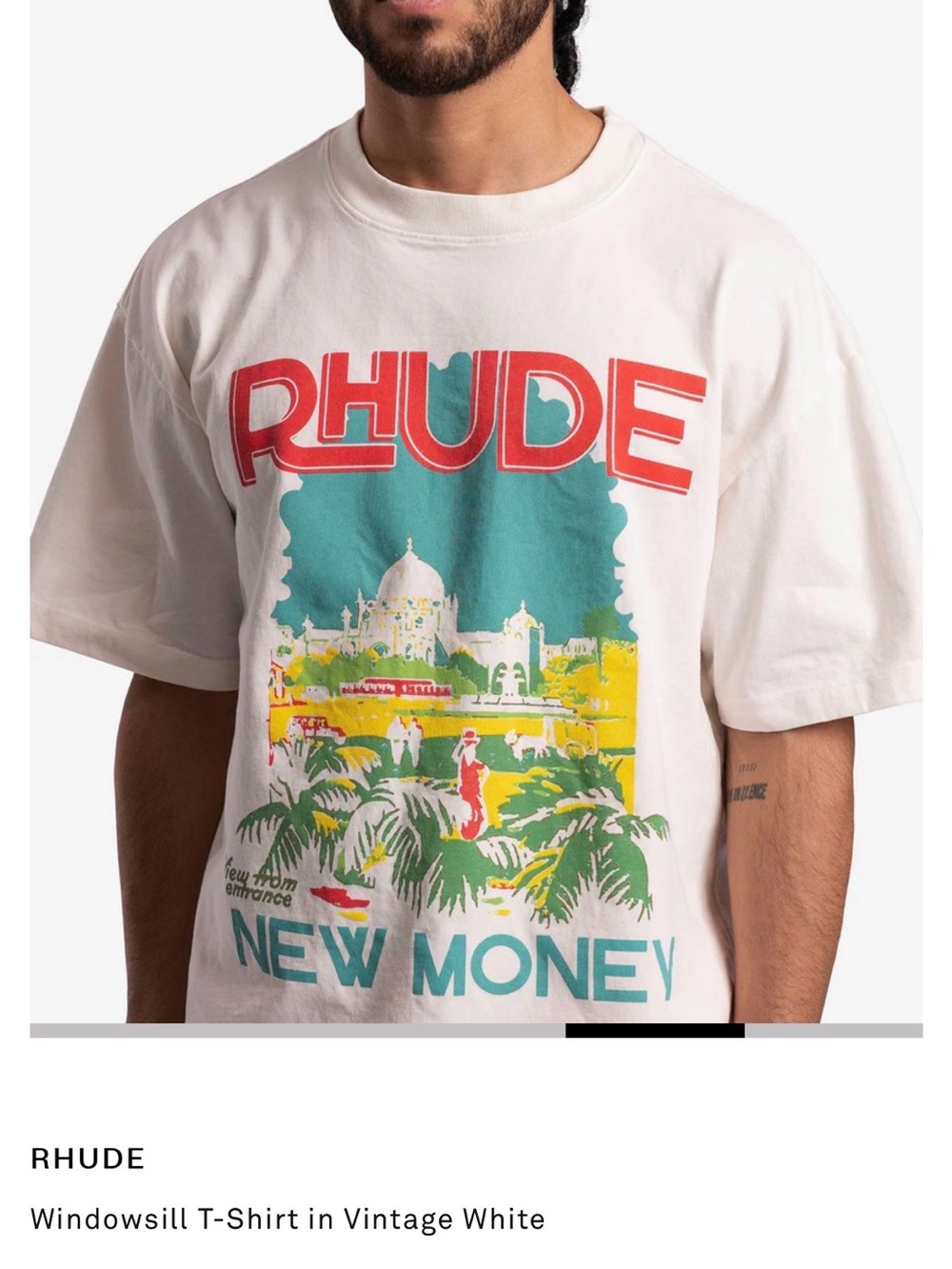 Rhude White Tee with Red Logo & Teal Graphic